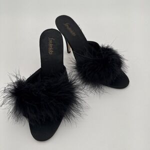 Fredricks of Hollywood 1990s Black Satin Marabou feather trim Boudoir Heel 7